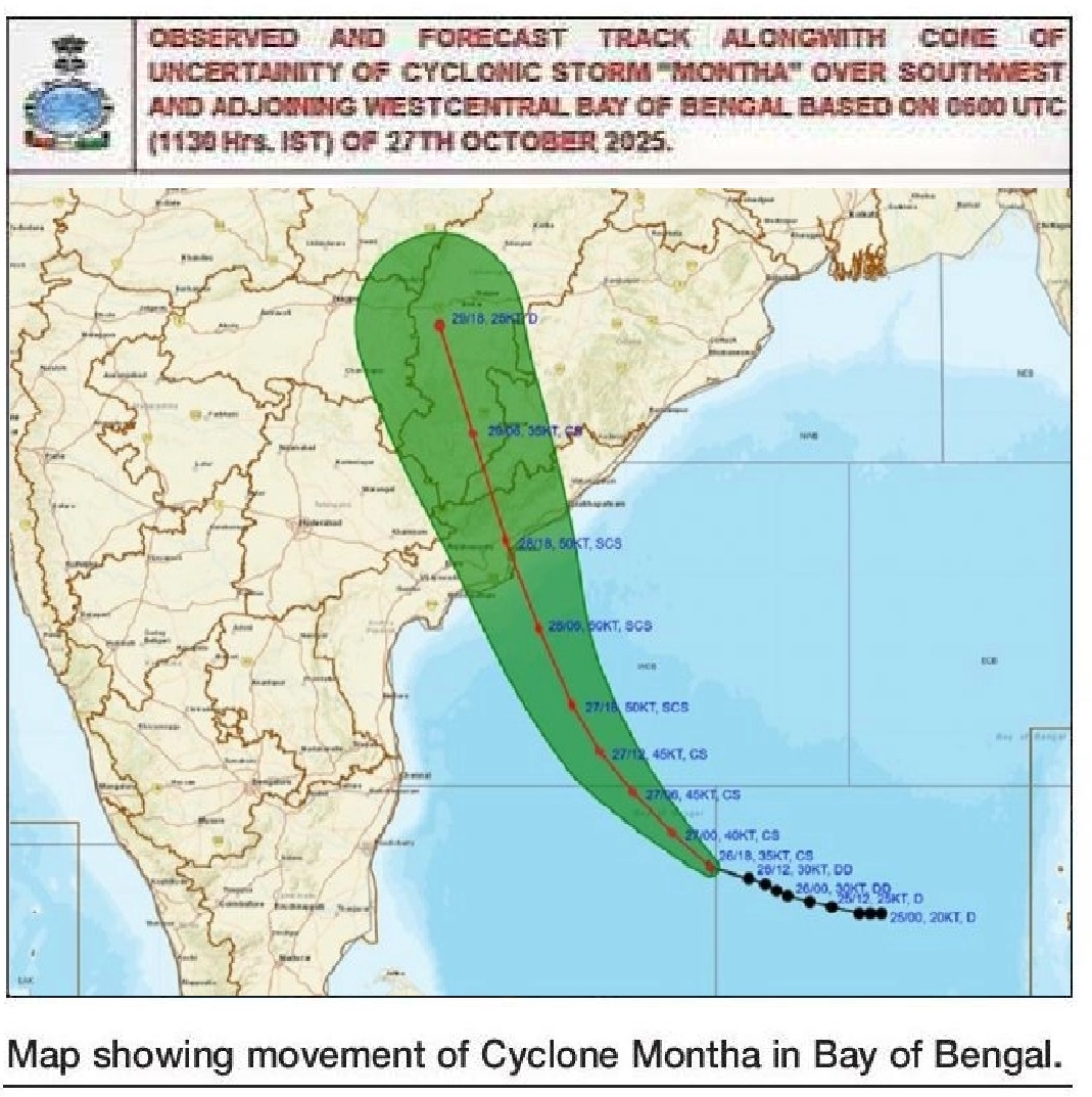 Map showing movement of Cyclone Montha in Bay of Bengal