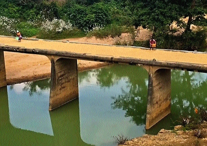 Villagers drying their crops on a bridge