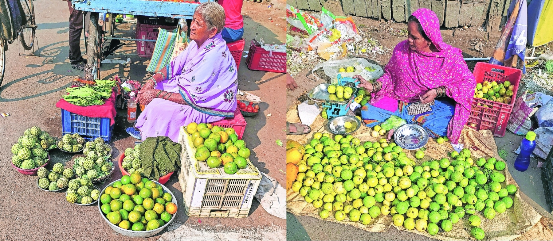 Fruits vendors sell recently arrived seasonal fruits in the market