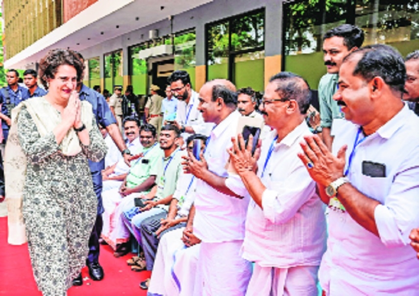 Congress MP Priyanka Gandhi Vadra during a booth-level meeting with UDF leaders