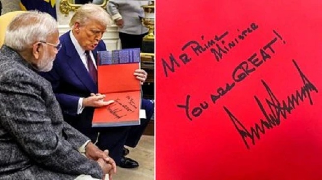 President Trump writing a message on a book he presented to PM Modi