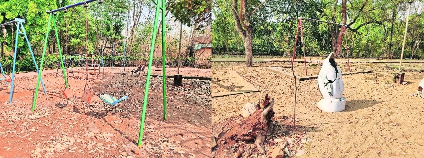 The broken state of kids swings and dustbins at Ambazari garden 