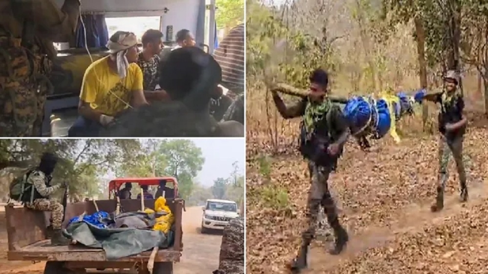 Security personnel return after an encounter with Naxals