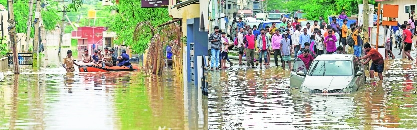 Residents being rescued from a waterlogged area after heavy rains