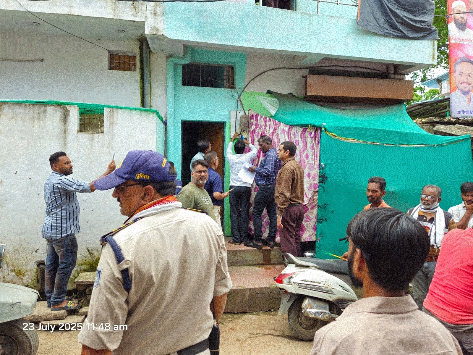 Team of linemen detaching the electricity connection