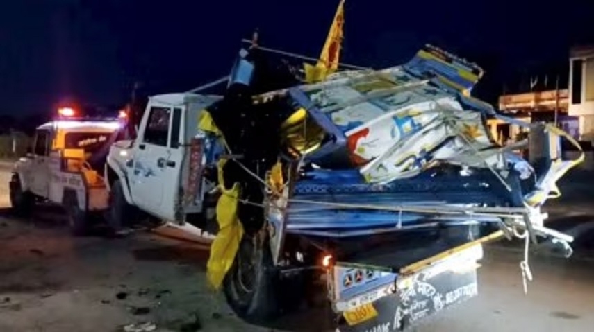 Wreckage of a vehicle being taken away after an accident in Rajasthan