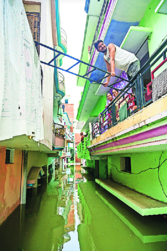 water-logged Chandpur Salori locality following rainfall in Prayagraj
