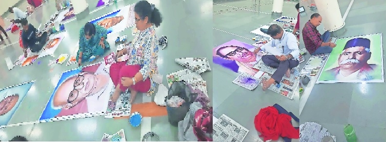 Artists are drawing Rangoli plus attaching the profile of that Sanghvrati below the portrait