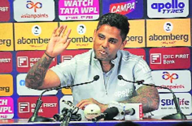 Indian skipper Suryakumar Yadav reacts during the press 