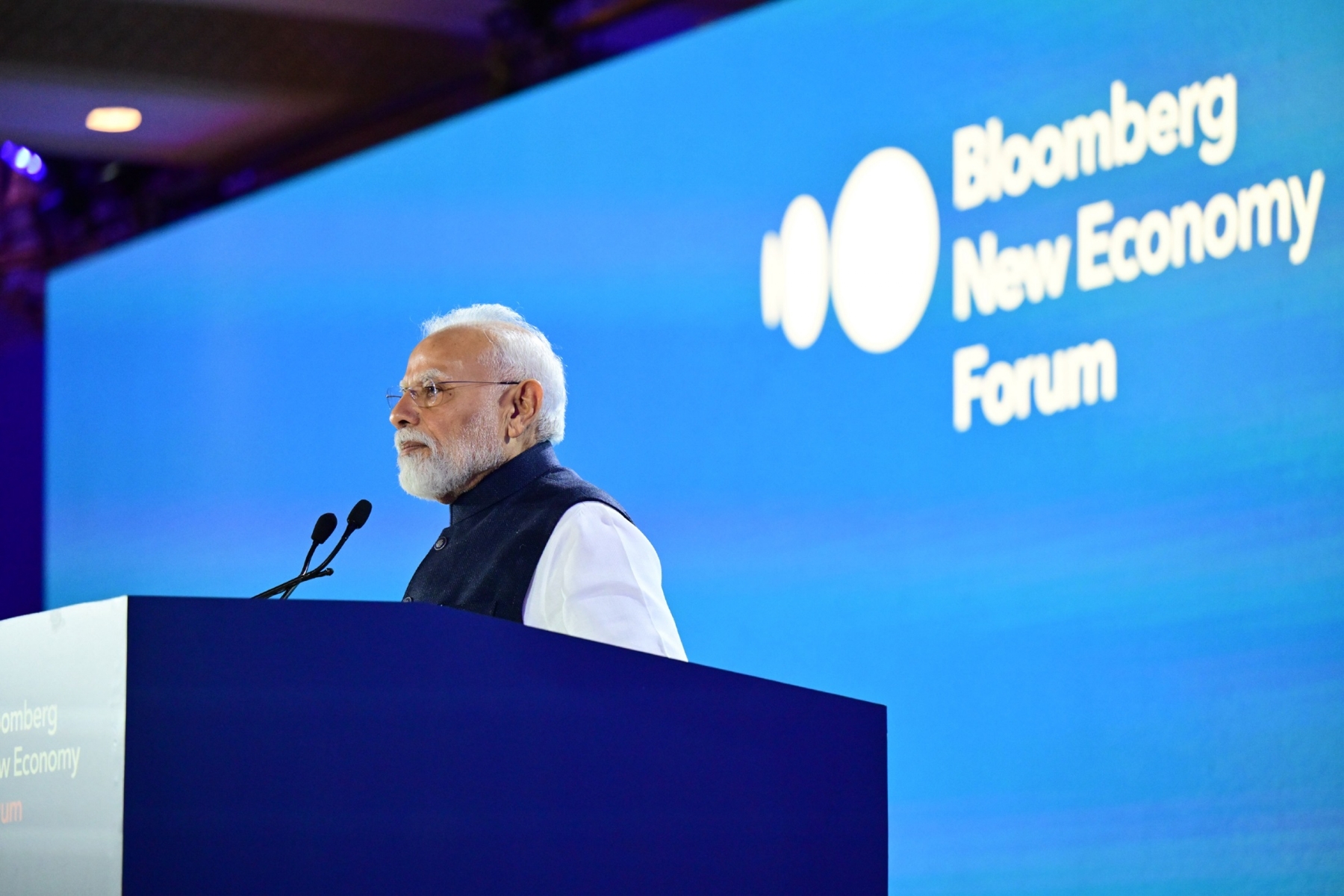 Prime Minister Narendra Modi addresses the Bloomberg New Economy 