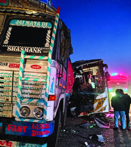 Five killed as private sleeper bus rams truck