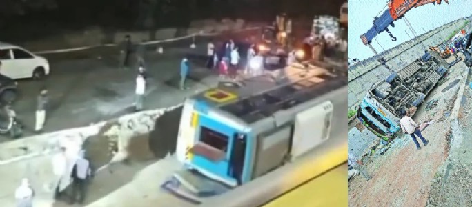 A crane lifting the overturned bus Generators grinders and gas cutters 
