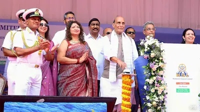 Defence Minister Rajnath Singh during the launch of the first Fleet Support Ship
