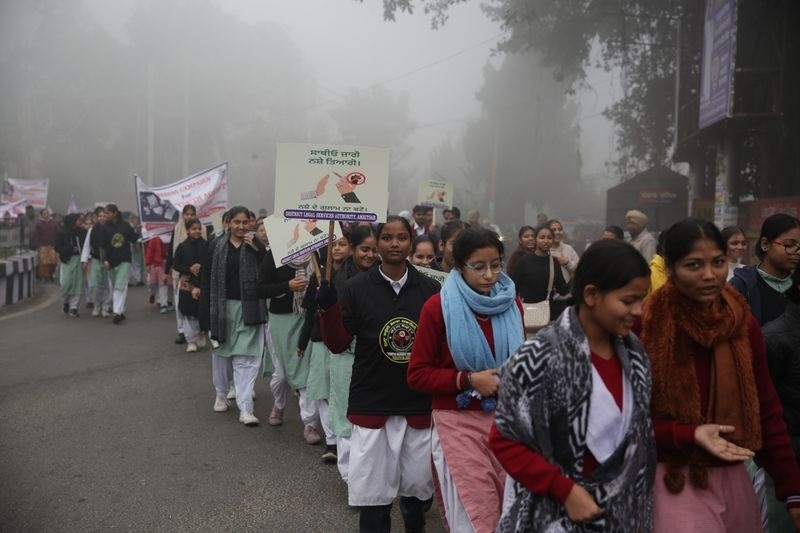 Students and other participants take part in a walkathon rally titled Youth Against Drugs organised by the District Legal Services Authority in Amritsar