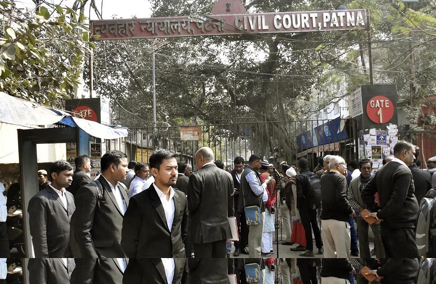 People evacuate Patna Civil Court premises following a bomb threat in Patna