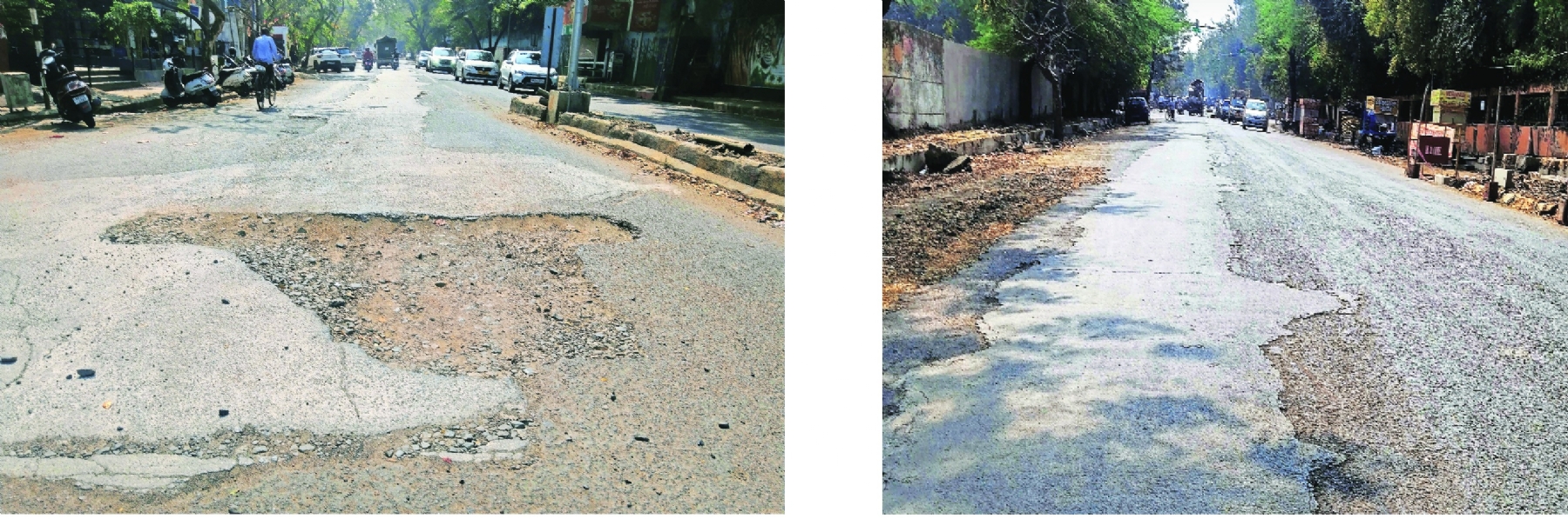 Large pothole filled with gravel and stones