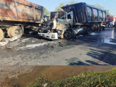 Three trailers engulfed in flames; 1 killed, 2 critically injured