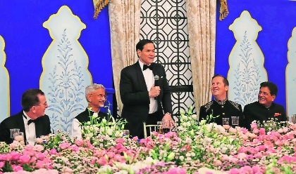 US Secretary of State Marco Rubio speaks during an event hosted by US Ambassador to India Sergio Gor at Roosevelt House in New Delhi