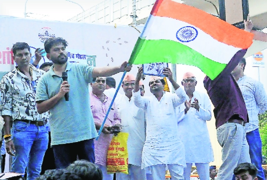 Abhijeet Dipke at the protest demanding resignation of Dharmendra Pradhan on Tuesday