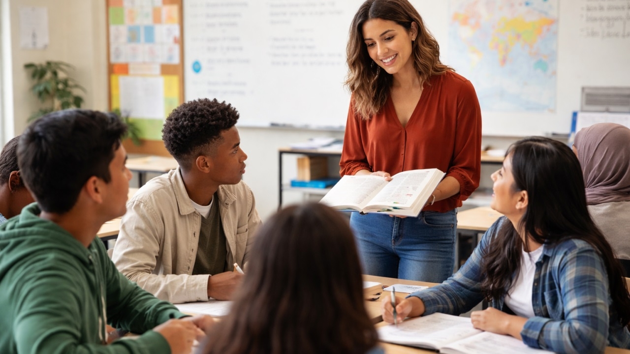 indian female teacher Language taeching in classroom