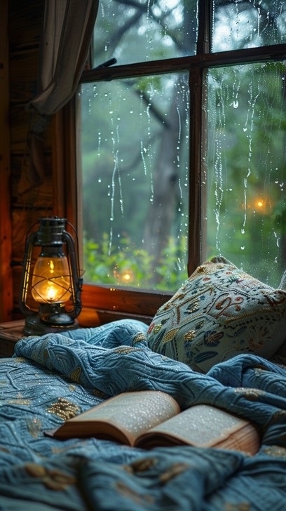 Under a cosy quilt on a rainy noon