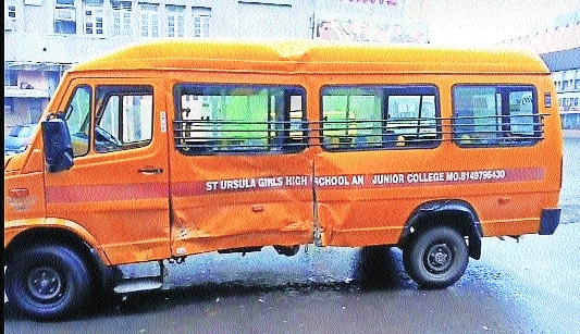 The school bus with a big dent 