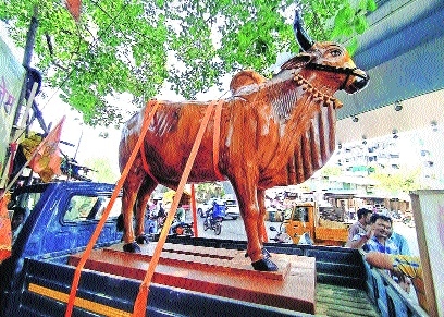 Giant teakwood ox turns heads in city
